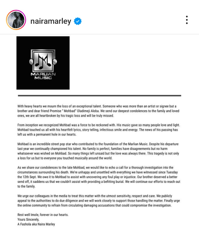 With heavy hearts we mourn the loss of an exceptional talent - Naira Marley